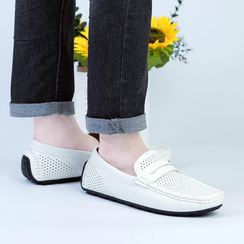 Plus Size 39-46 Summer White Hollow Out Penny Loafers Men Casual Shoes Man Moccasins Leather Slip On Flats Mens Driving Shoes