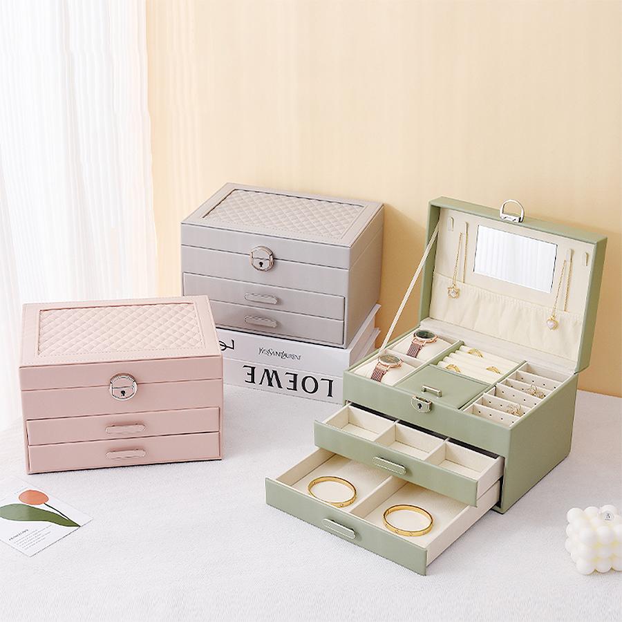1PC, Light Luxury High-end PU Leather Diamond Three-layer Leather Jewelry Storage Box with Lock
