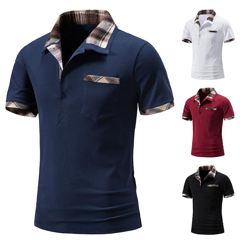 Summer Men's Casual Loose Short Sleeve T-shirt Men's Plaid Color Matching Lapel Polo Shirt