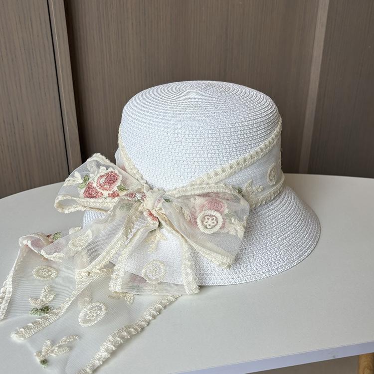 

New Embroidered Lace Streamer Bow Straw Hat Women s Summer Face Covering Sunscreen Lampshade Hat Seaside Beach Hat M（56-58cm） белый