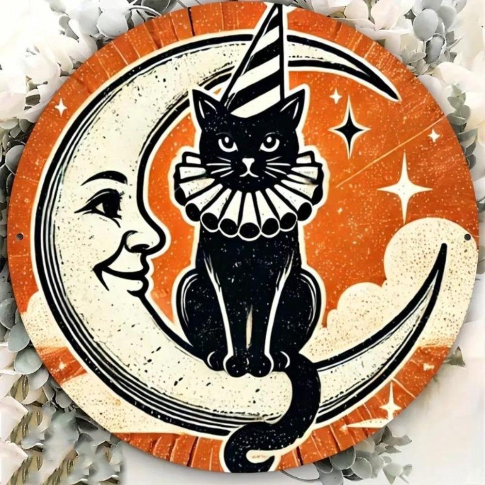 Vintage Cat Moon Halloween Metal Wall Art Sign 8x8 Inch Round Bar Cafe Decor Iron Tin