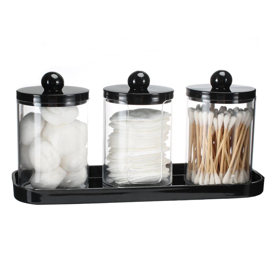 

3 Pack Qtip Holder for Bathroom, Cotton Round Holder with Tray, Apothecary Jars Bathroom Organizers and Storage Box Bathroom Jar