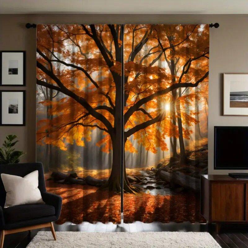 2pcs - Autumn forest pattern printed curtains   window decorations   home decorations   room decorations