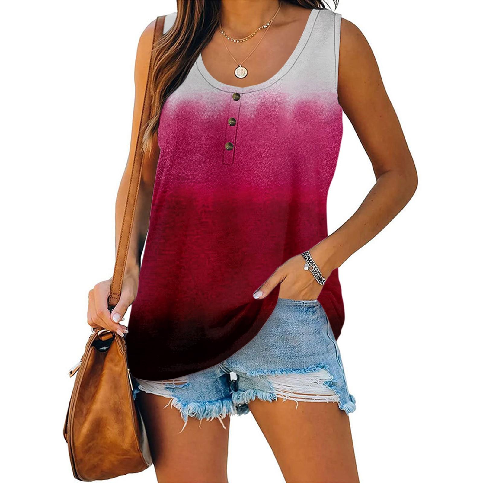 Женская летняя повседневная футболка без рукавов с градиентом и цветочным принтом — фото 6