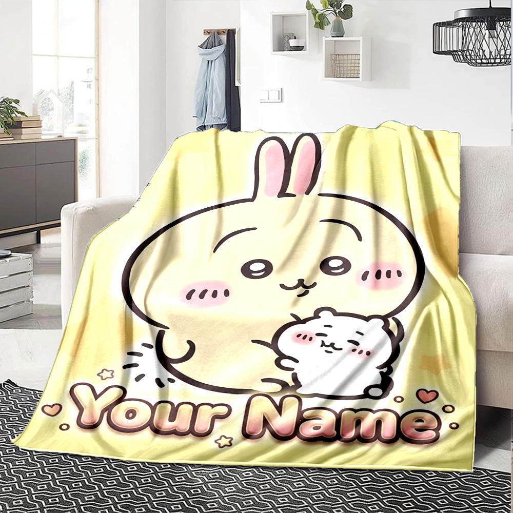 1pc Chiikawa Blanket with Custom Name, Gift, for Men and Women, Soft Blanket, Good for Sofa Bed Couch Travel, Lightweight Flannel Blanket