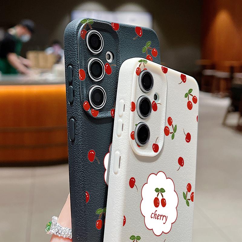 Cute Cherry Print Matte TPU Leather Texture Phone Case For Samsung S25 Ultra S24 FE S23 S22 S21 A56 A36 A16 A55 A35 A26 A15 Shockproof Soft Slim Cover