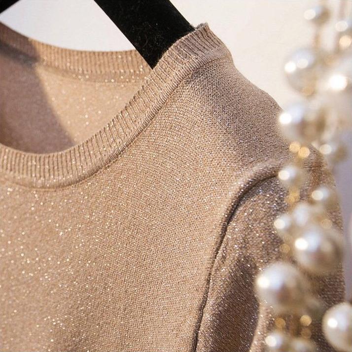 Shiny and Glittering Thin Sweater for Women Loose Knitted Sweater for Autumn Round-neck Pullover Long-sleeved Top