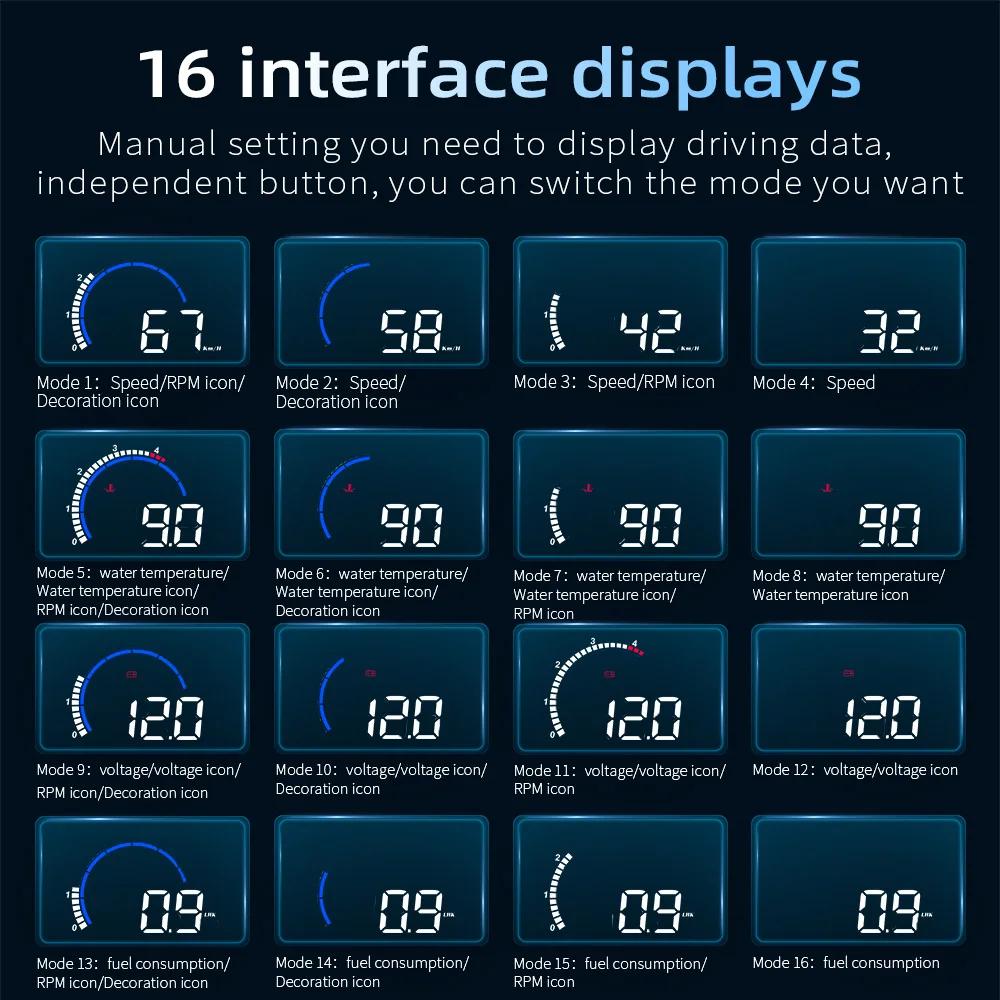 Car HUD OBD Gauge Display Windshield Projector Temperature Display Car Electronics Overspeed Warning System Accessories 2024