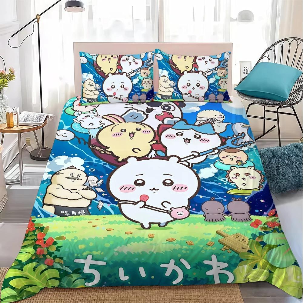 Joli Ensemble Housse de Couette Dessin Animé C-Chiikawa Ensemble de Literie Simple Double Queen King Size Microfibre Douce Décoration Chambre Filles Enfants Cadeau 135x200cm (3pcs)