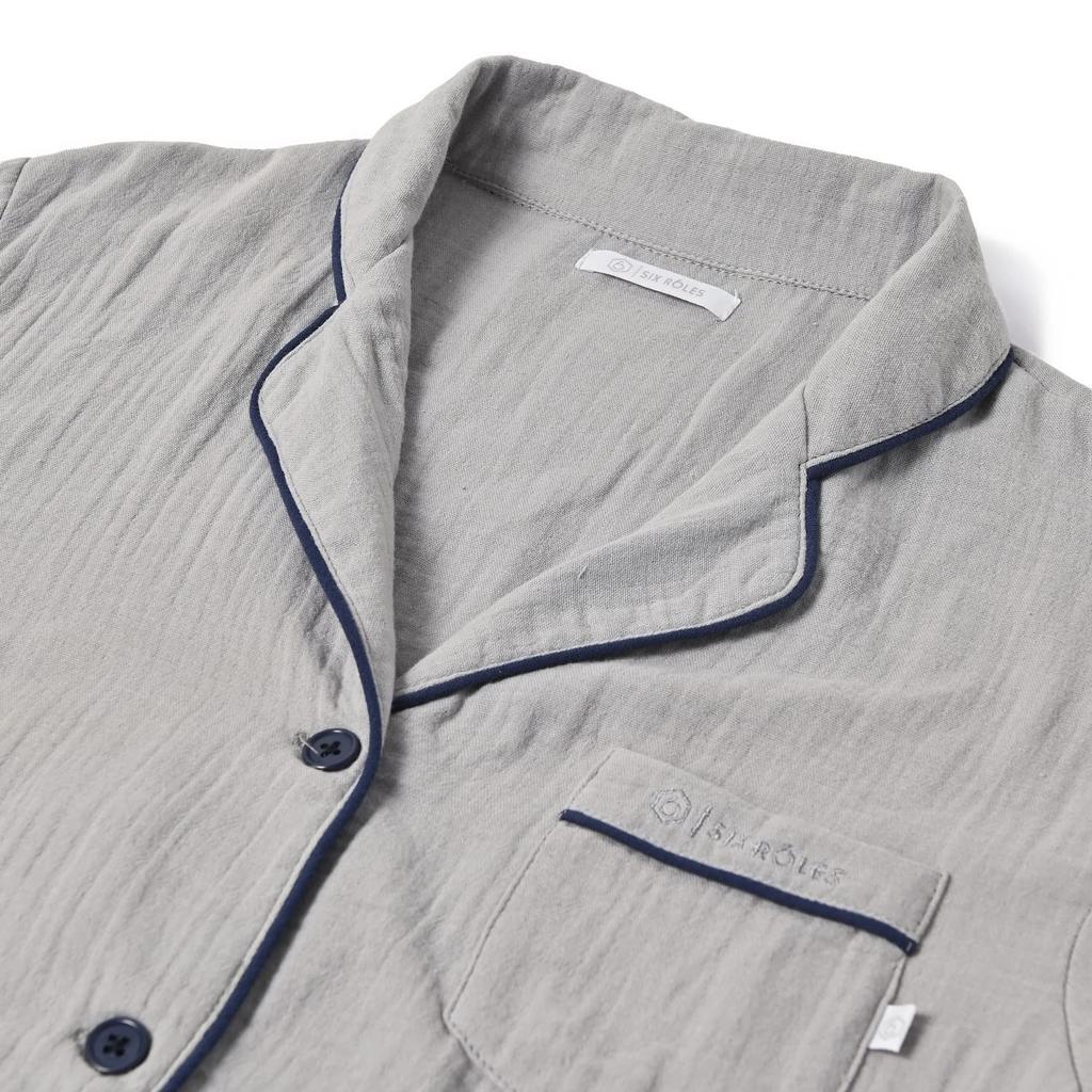 Six Rolls Long Sleeve Piping Double Gauze Pajama Solid Loungewear Women's Set, Color, 100% Cotton, (Size Small, Gray)