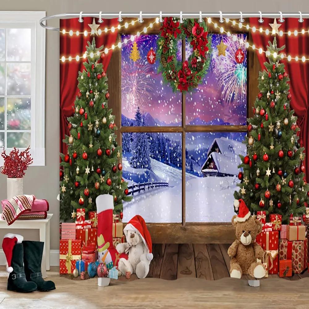 Weihnachtsparty Duschvorhänge Kamin Weihnachtsbaum und Geschenke Schneemann Schneeszene Waschbarer Duschvorhang Kunst Badezimmer Dec