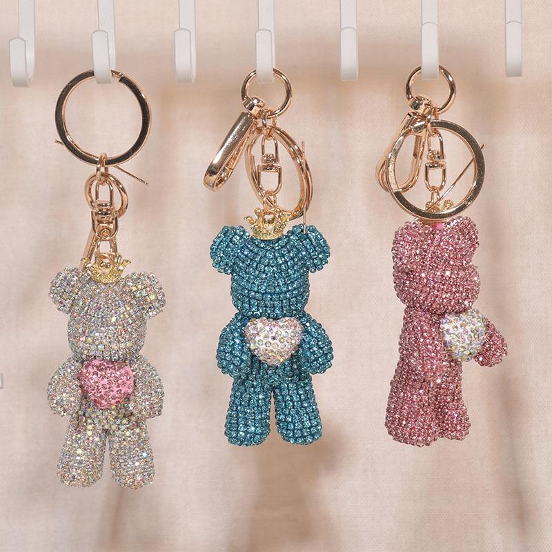 High Quality Rhinestone Animal Keychain Leather Strap Care Bear Pendant Fancy Rhinestone Bear Animal Keychain Bag Pendant