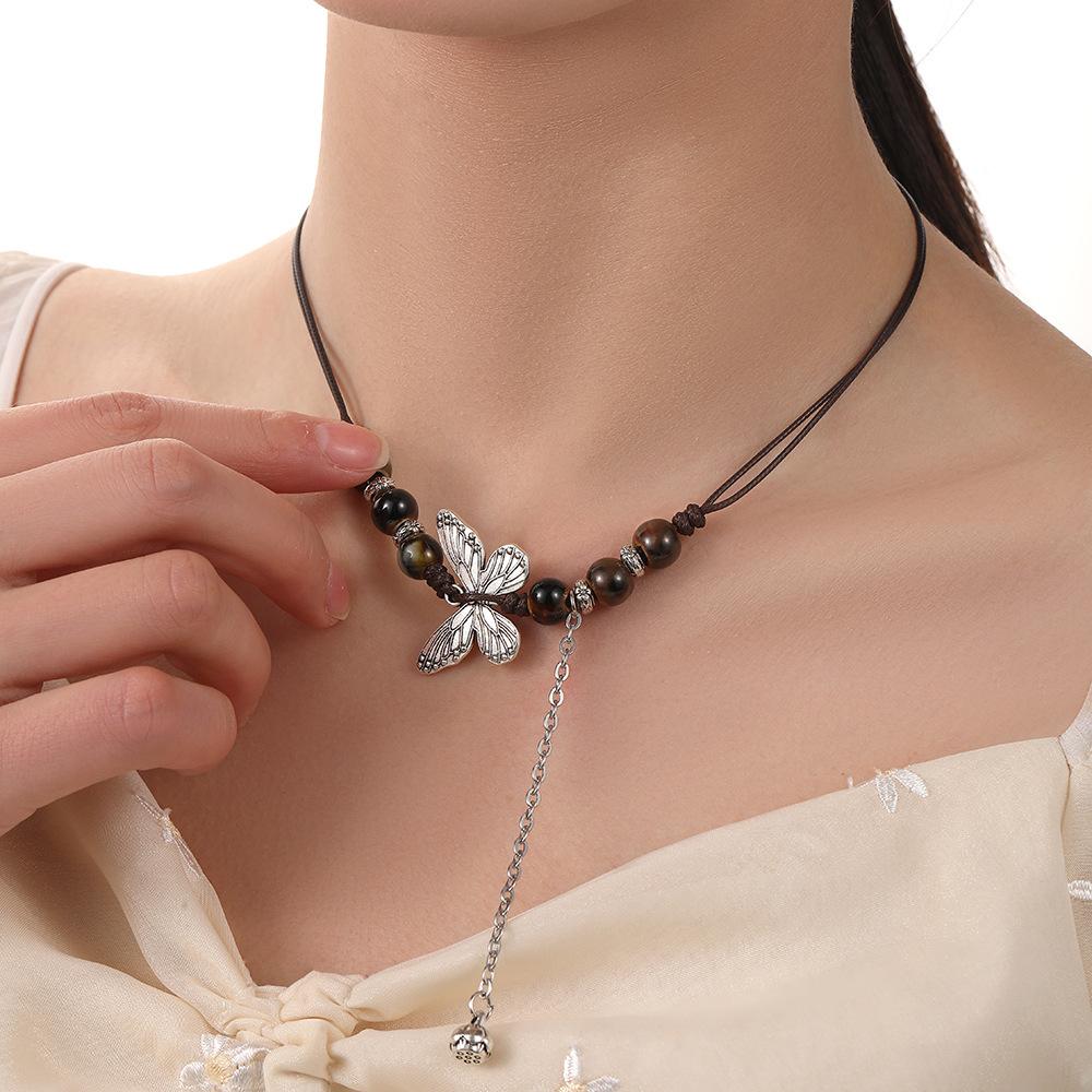 Ethnic style ceramic sweater chain women's pendant literary Chinese style butterfly accessories necklace women's wholesale exquisite pendant