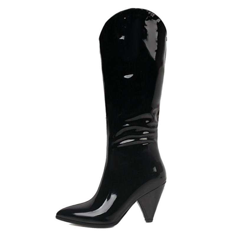 Fashion Women's High Boots Winter Shoes Point Western Cowboy Knee High Boot Pink Yellow Black Long Fetish Shoes Lady Large Size