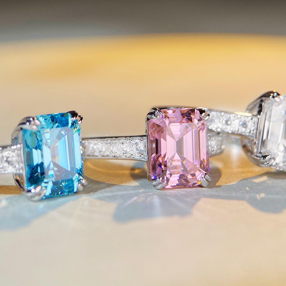 Women's S925 Sterling Silver Aquamarine Ring with Square High-Carbon Diamond