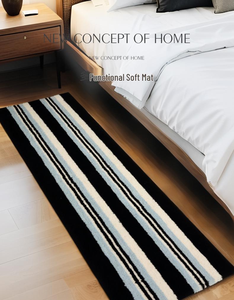 Nordic Style Black & White Striped Non-Slip Bedroom Rug - Wear-Resistant Long Floor Mat for Living Room