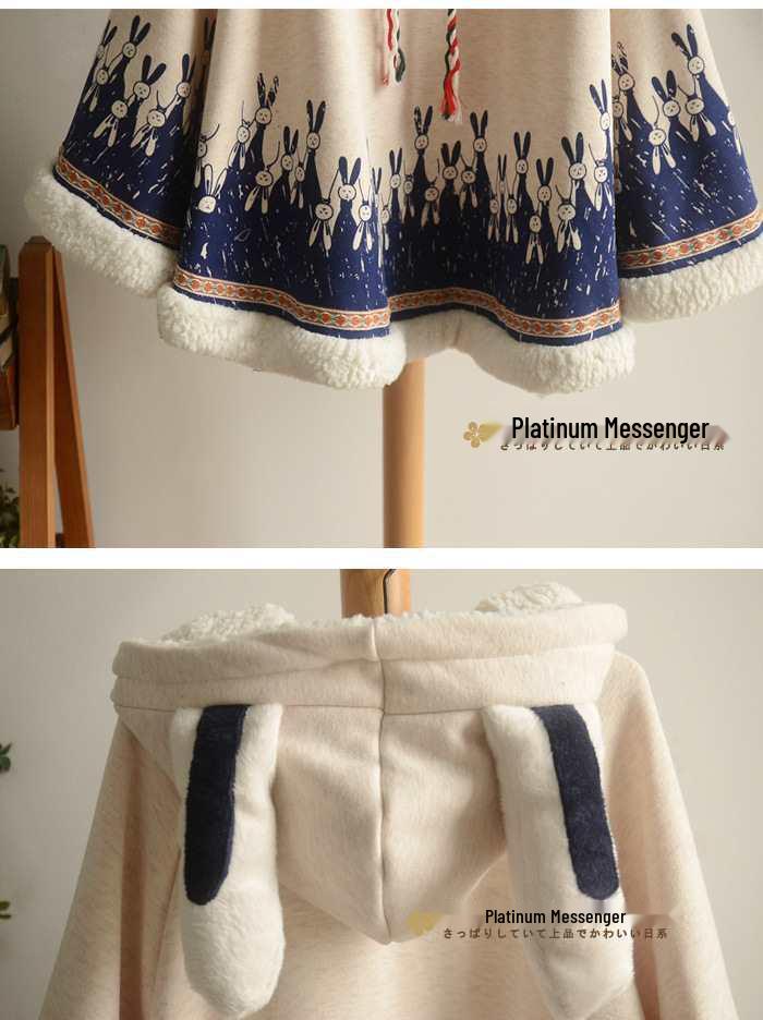 2019 Winter College Style Cute Patchwork Rabbit Ear Hooded Fleece-Lined Cape Coat