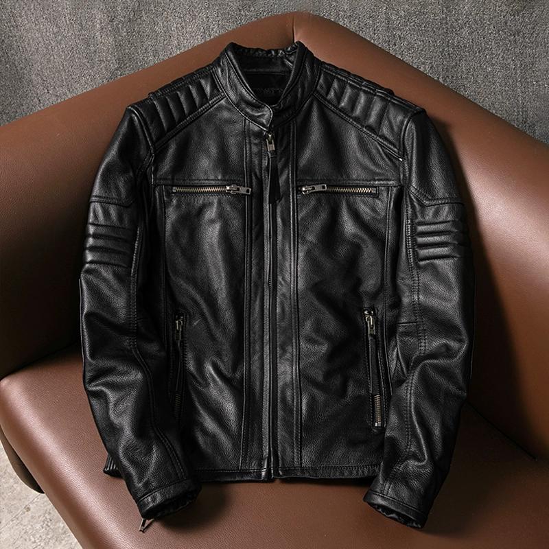 

Тяжелая мотоциклетная куртка Короткая Модная Приталенная Натуральная кожа Байкерская куртка Большого размера Осенняя верхняя одежда S чёрный