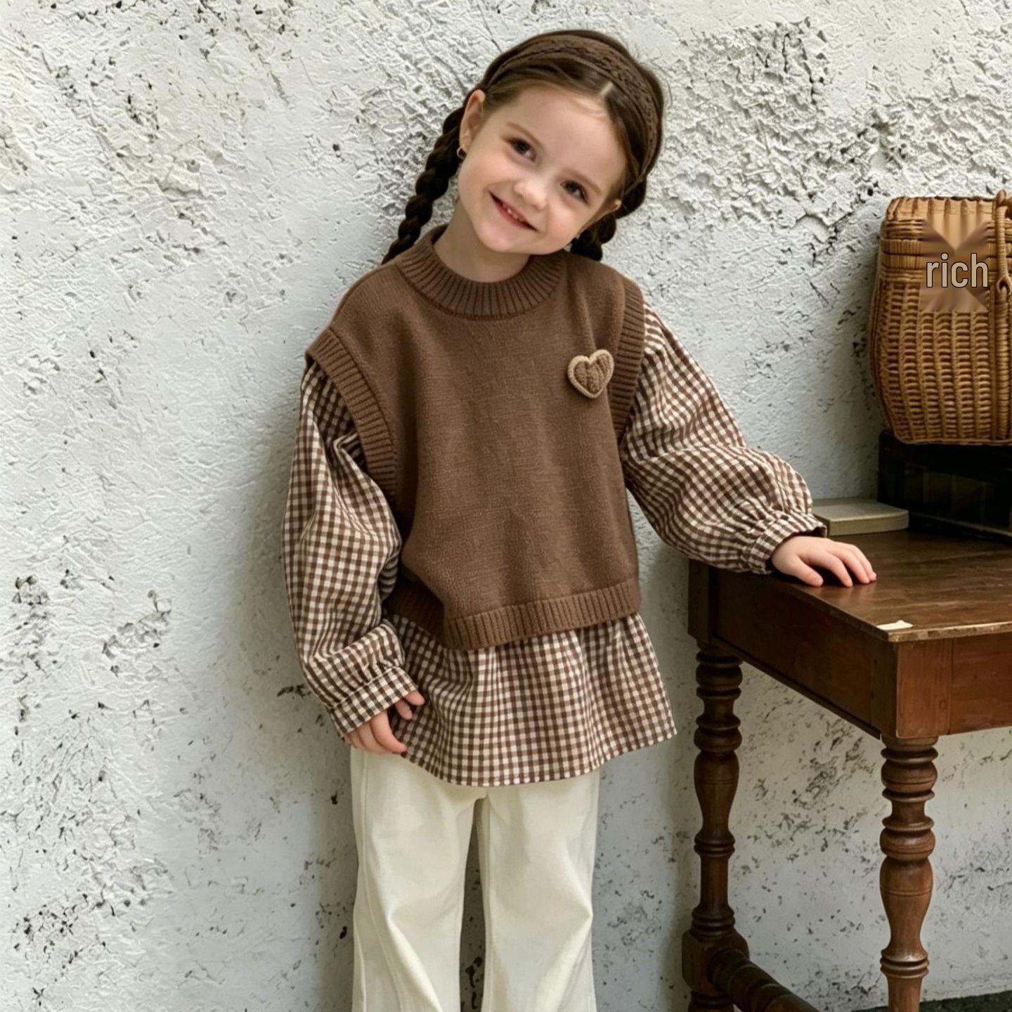 Girls  Plaid Patchwork Shirt and Knit Vest Set - Autumn 2026 Mori-kei Style 130 cm
