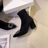 French Thick Heel High Heel Short Boots Women's Autumn and Winter Rhinestone Square Buckle Elastic Thin Boots Light Luxury Temperament Pointed and a