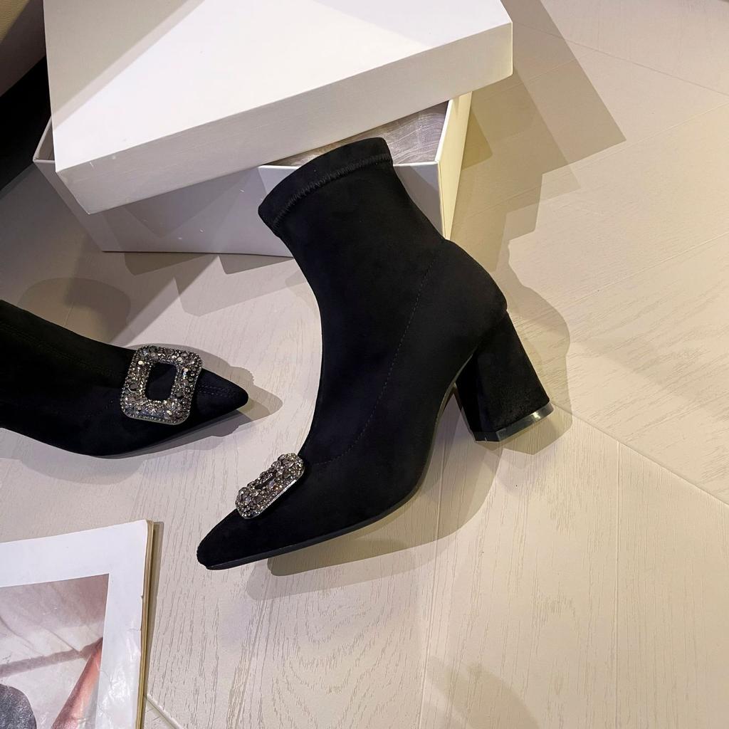 French Thick Heel High Heel Short Boots Women's Autumn and Winter Rhinestone Square Buckle Elastic Thin Boots Light Luxury Temperament Pointed and a