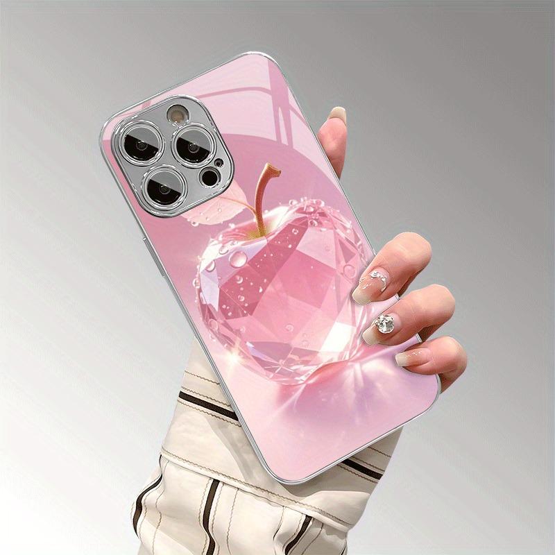 Pink Crystal For Apple Pattern Tempered Glass Electroplated Phone Case For iPhone 17 16 15 14 13 12 Pro Max Plus 16E 17Air Cover