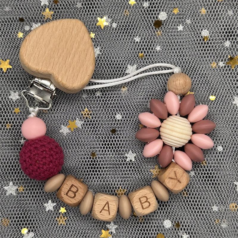 Individueller Personalisierter Name Handgefertigt Buchenholz Schnullerclip Halter Kette Silikon Krone Perle Beißring Baby Zahnen Geschenk