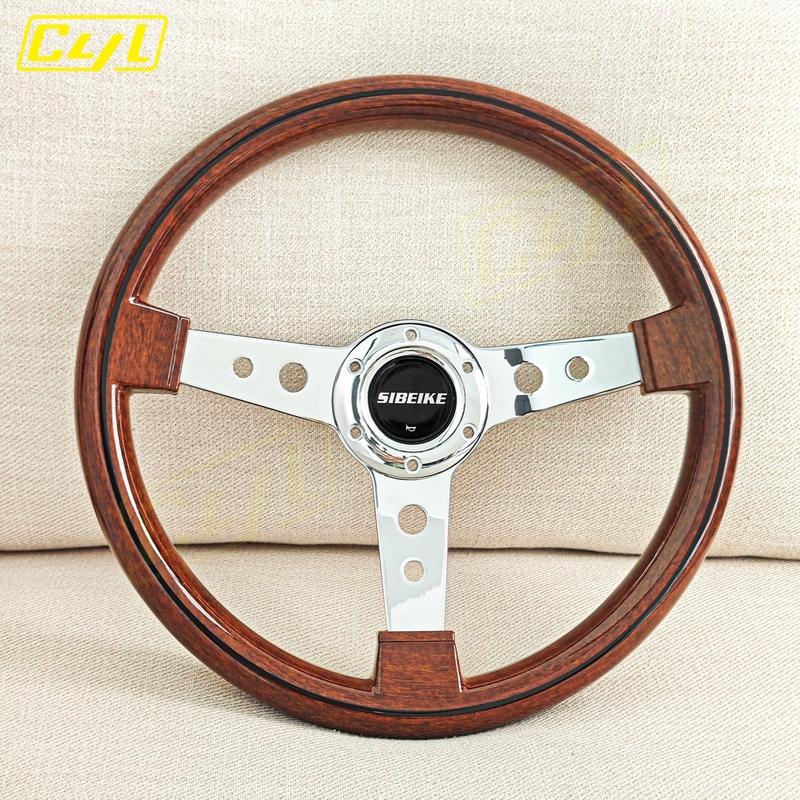 JDM 340mm Classic Wood Style Steering Wheel Chrome Spoke Vintage Sports Steering Wheel