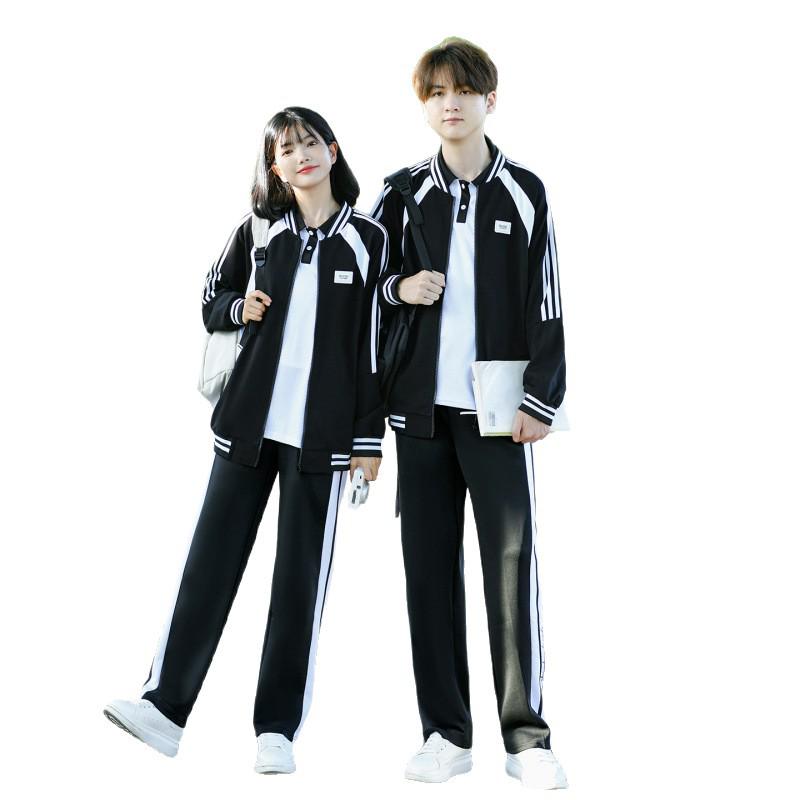 College Style Black Baseball Jacket Set for Students – 3-Piece Autumn Sports School Uniform
