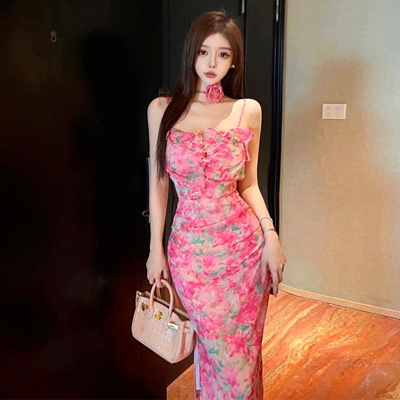 

Женское платье в стиле pure desire с принтом листьев лотоса, разрезом по краю и тонкими вставками L