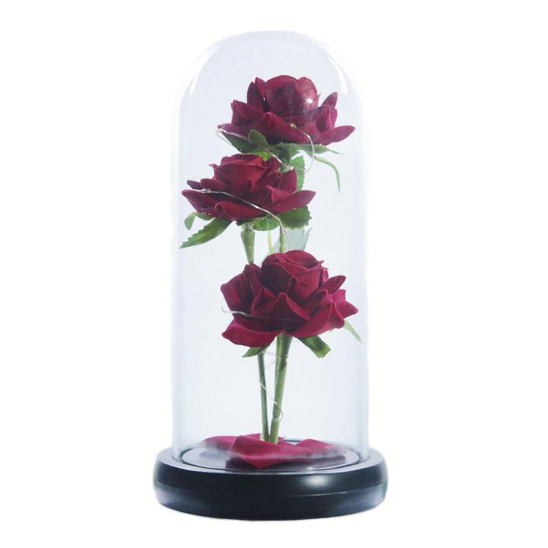 Three simulated immortal flowers, glass cover ornament, LED night light, rose, creative Valentine's Day gift.