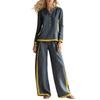 Women Contrast Trim Tracksuit Set Henley Neck Long Sleeve Top Wide Leg Pants Two Piece Outfit