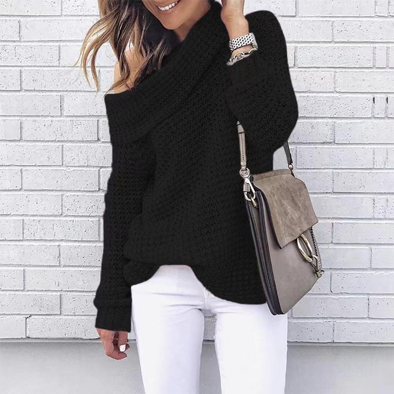 2026 New Women's Off-Shoulder Turtleneck Sweater, Sexy Loose Fit Plus Size Solid Color Knit Top for Autumn Winter
