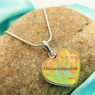 New Arrival Yellow Dichoric Glass Handmade Sterling Silver Plated 1 PC Heart Pendant With 16" Chain Jewelry