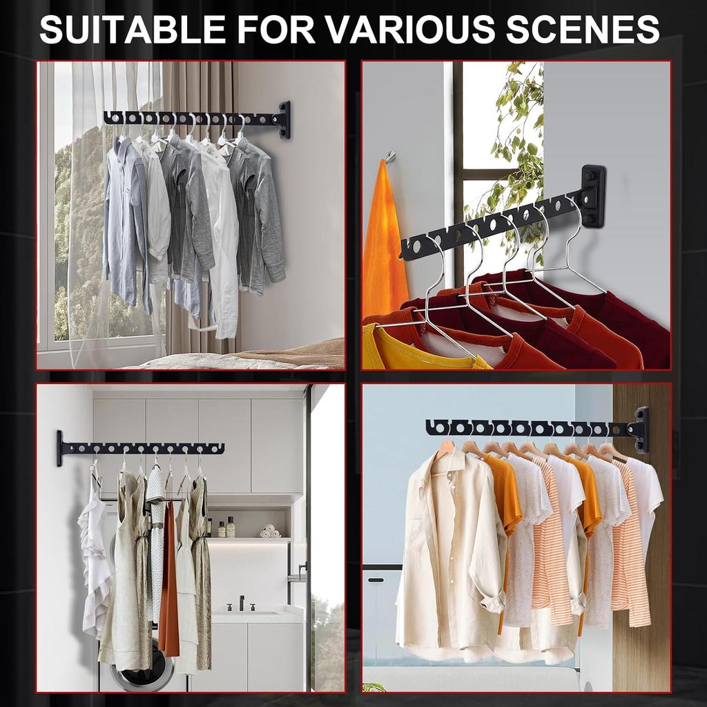 Wall Mount Coat Hanger,Folding Clothes Drying Racks,Sturdy Hanging Clothes Hanger,Laundry Room Drying Rack(10-Hole 1 Black)