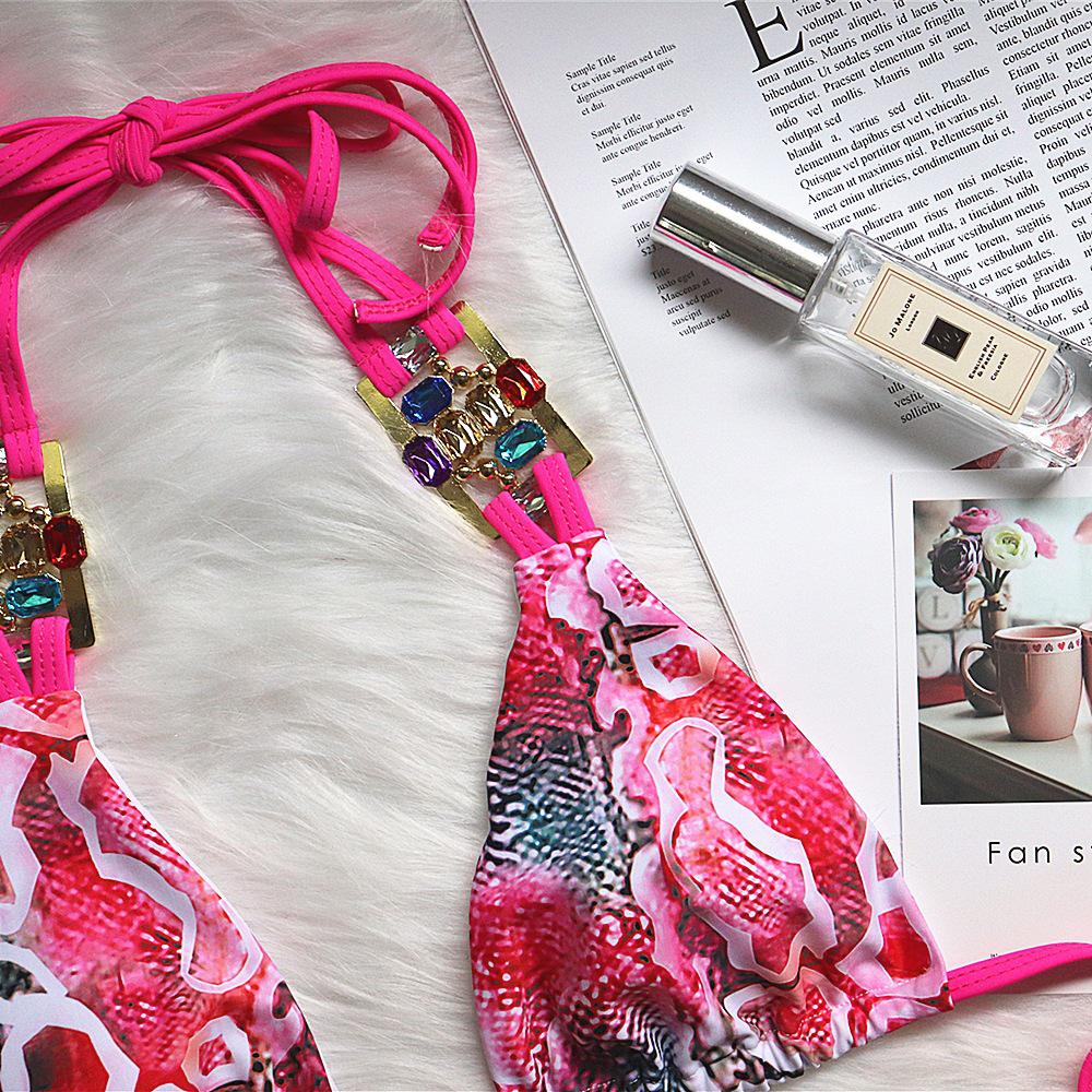 2021 European & American Snake Print Strappy Crystal Diamond Low-Waist Bikini