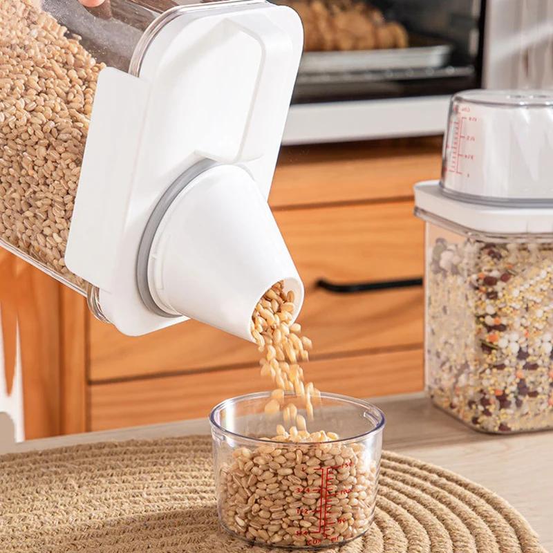 Sealed Cereal Insect-Proof Rice Bucket with Measuring Cup Transparent Rotary Food Moistureproof Tank Kitchen Storage Box