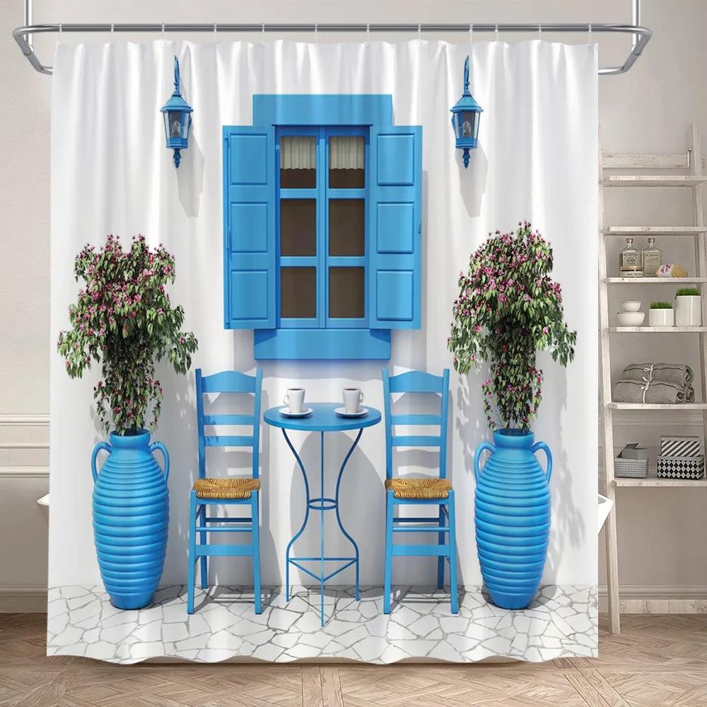 Fence Flowers Shower Curtains Blue Window Nature Floral Plants Scenery Modern Garden Wall Hanging Home Bathroom Decor with Hooks