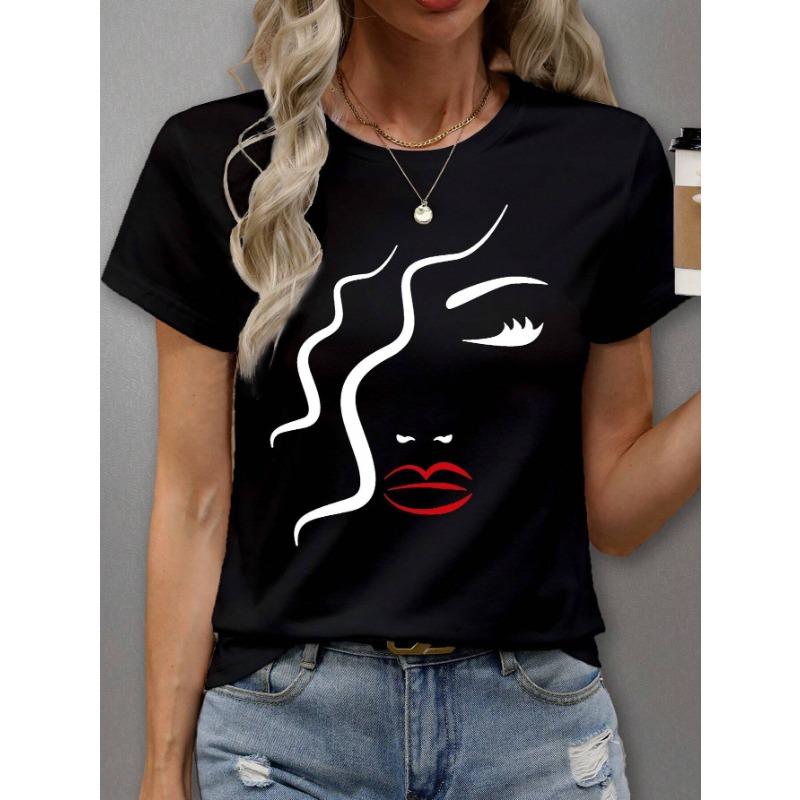 Summer Round Neck 3D Facial Depiction Pattern Print Top Fashionable Casual Short Sleeved Women's T-shirts