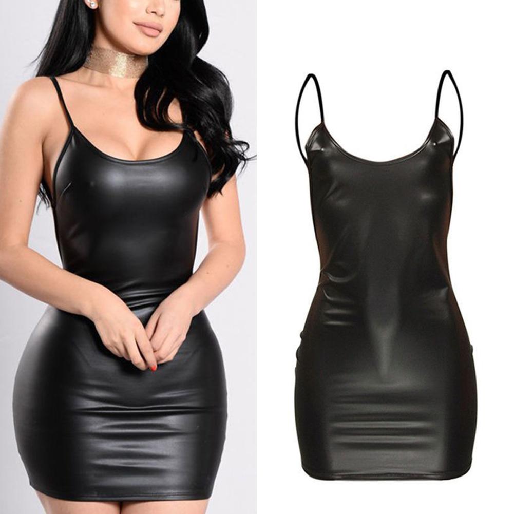 Comfortable Women Dress Nightdress PU Leather Short Wet Look