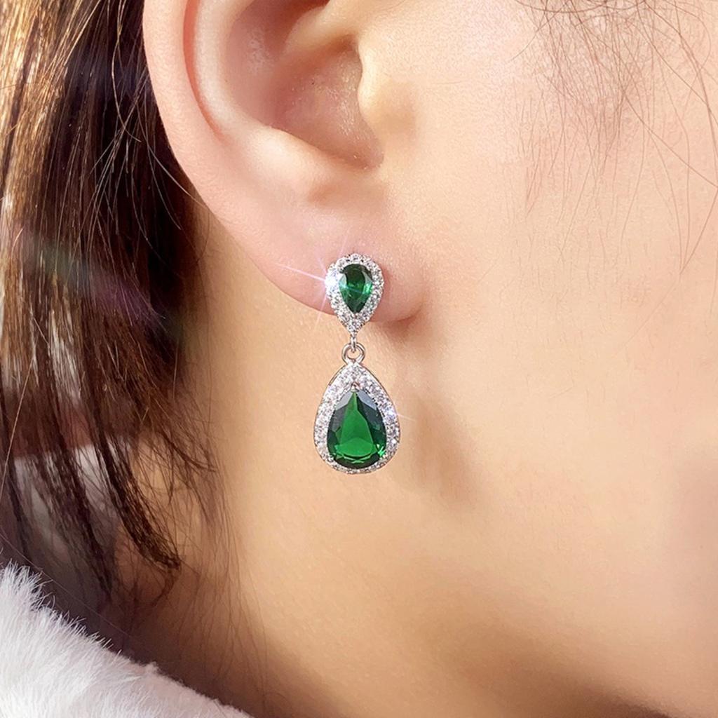 Two Tier Teardrop Halo Dangle Stud Earrings Multi Color Option Women Wedding Formal Drop Ear Jewelry