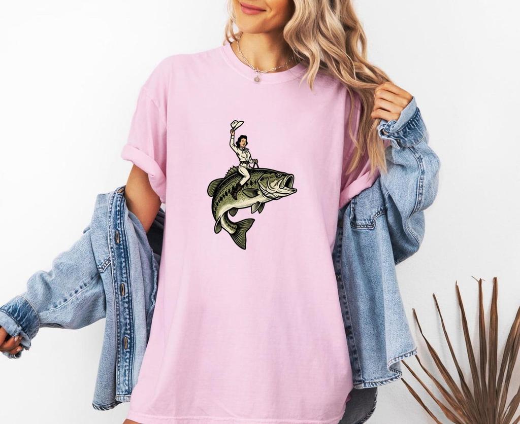 Cowgirl Bass Shirt, Girl Riding Fish Tee, Comfort Colors 1717, Retro Fishing Shirt, Vintage Western Tee, Weirdcore Apparel, Large Mouth Bass