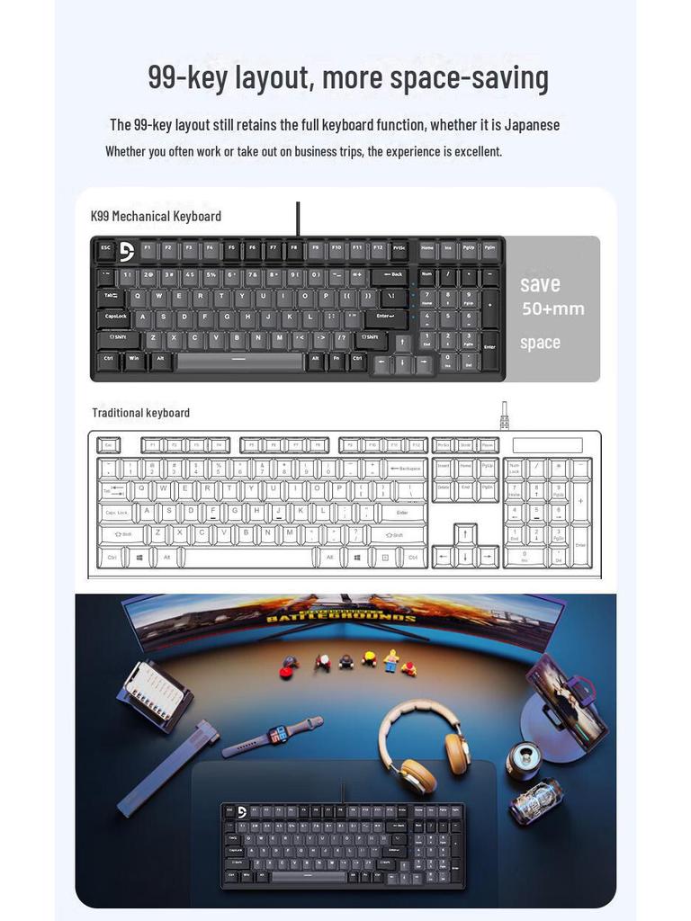 Fuller K99 Kabelová mechanická herní klávesnice: Univerzální klávesnice s 99 klávesami pro stolní počítače, notebooky, kancelář, e-sporty a internetové kavárny.