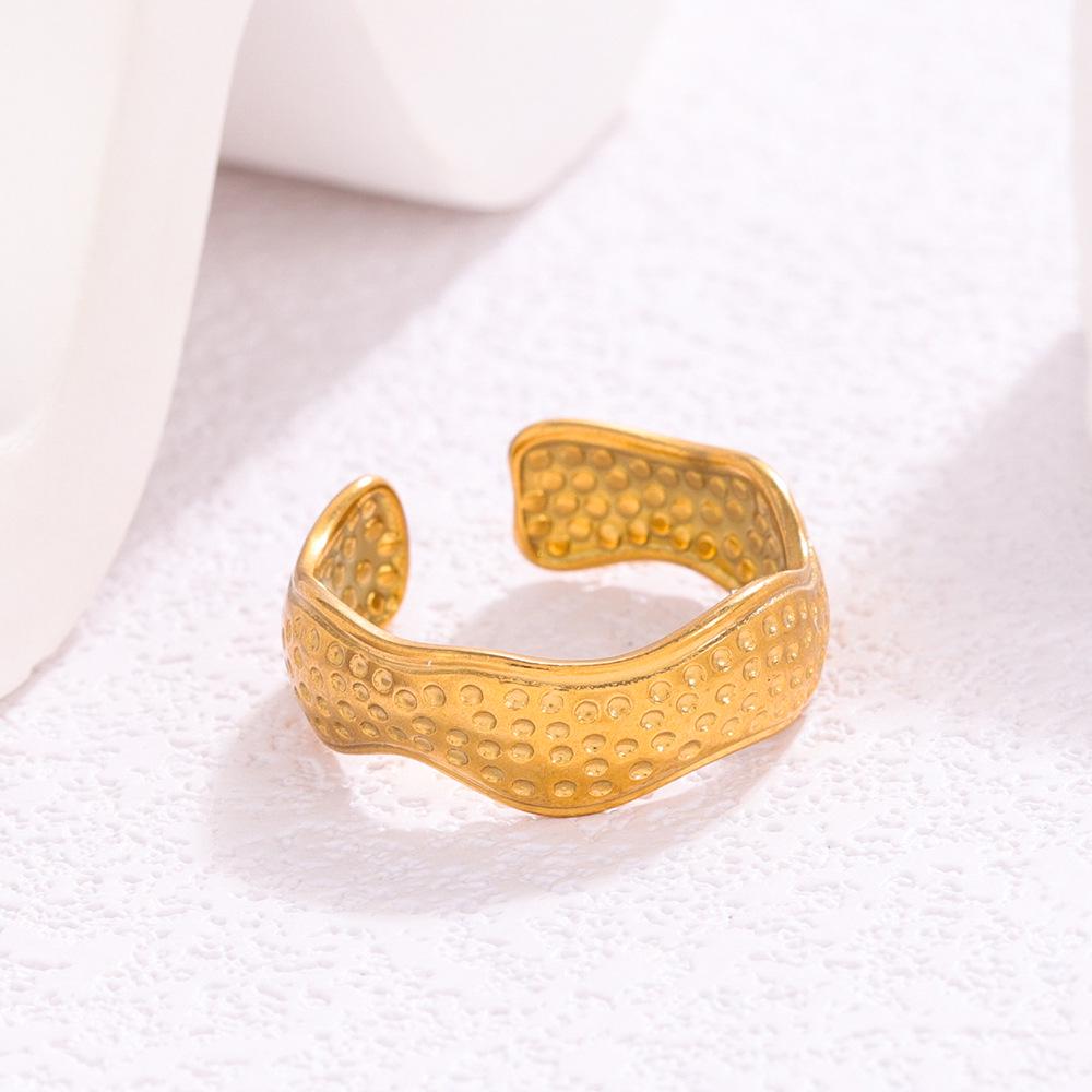Stainless Steel Hammered Gold Open Adjustable Ring with Irregular Lines