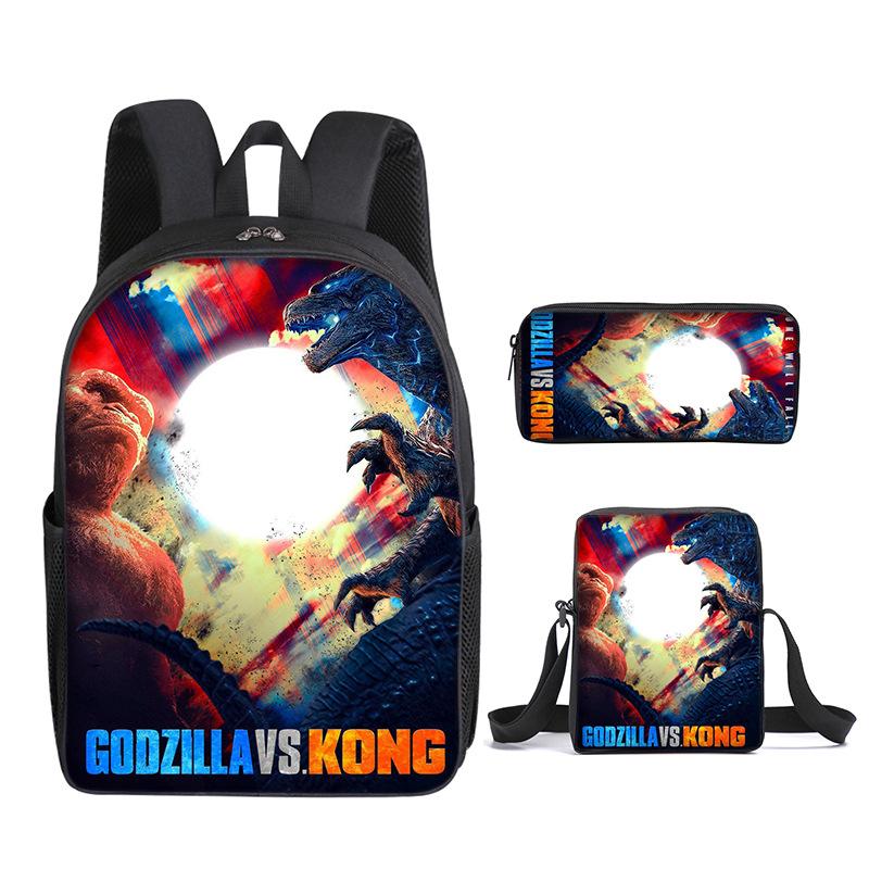 2021 Godzilla Wars King Kong School Bag Three-Piece Combination Set Primary And Secondary School Students Printed Backpack Cartoon School Bag