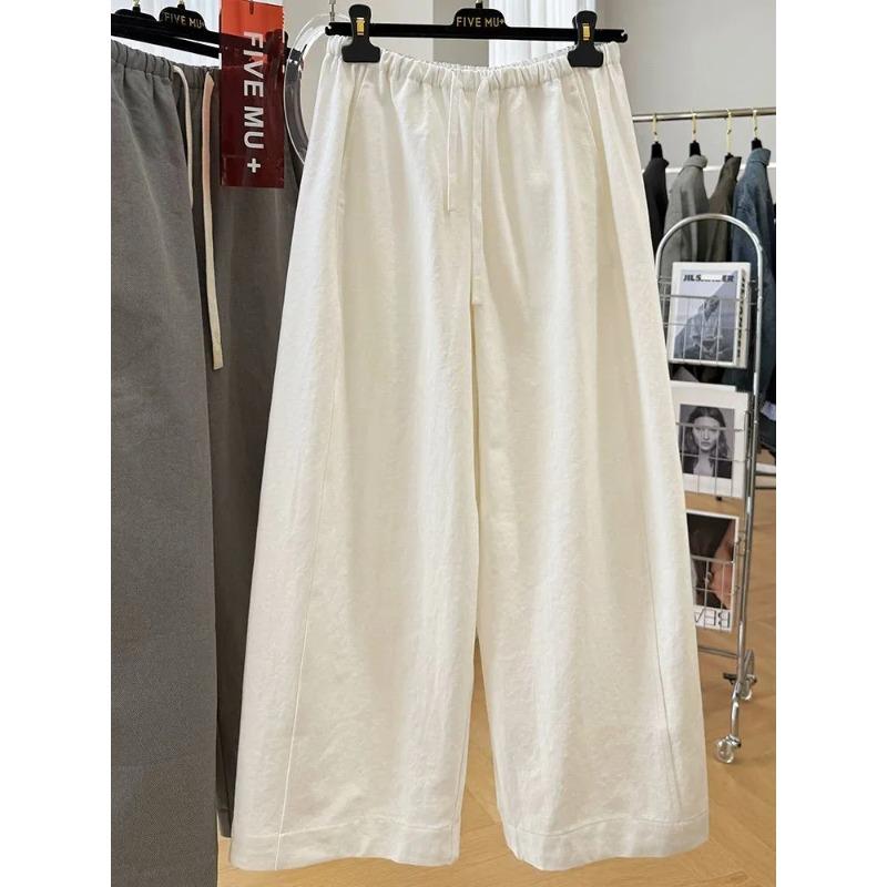 Women Gray Elastic Waist Drawstring Wide Leg Pants Casual Trousers