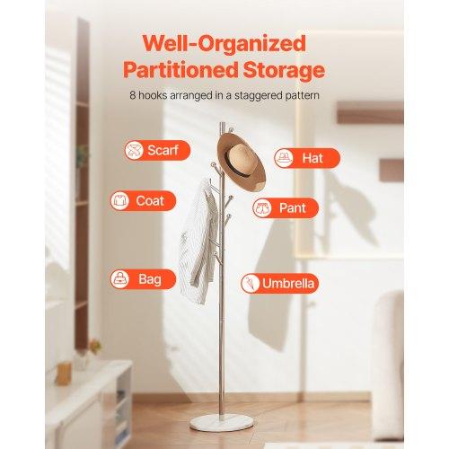 VEVOR Coat Rack, Freestanding Coats Rack Stand with Stable Marble Base & 8 Hooks, Free Standing Hall Coat Tree for Entryway, Bedroom, Office