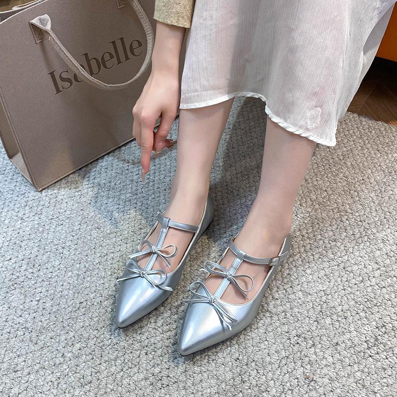Gentle Pointed Mary Jane Shoes Silver French Small Beautiful Light Mouth Single Shoes Women's Flat Bottom Bow Flat Bottom Temperament Shoes