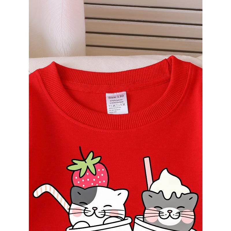European sizes Girls Soft Crewneck Sweatshirt Cute Cat Strawberry Milk Tea Print, Casual All-Match, Ideal Holiday Present