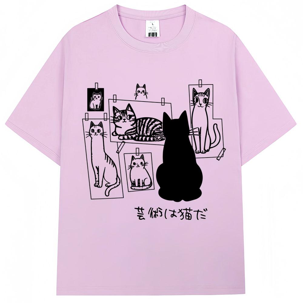 Japanese Funny Black Cat Anime Print T Shirt Men Women Fashion Vintage Harajuku T-shirts Oversized Cotton Casual T Shirts